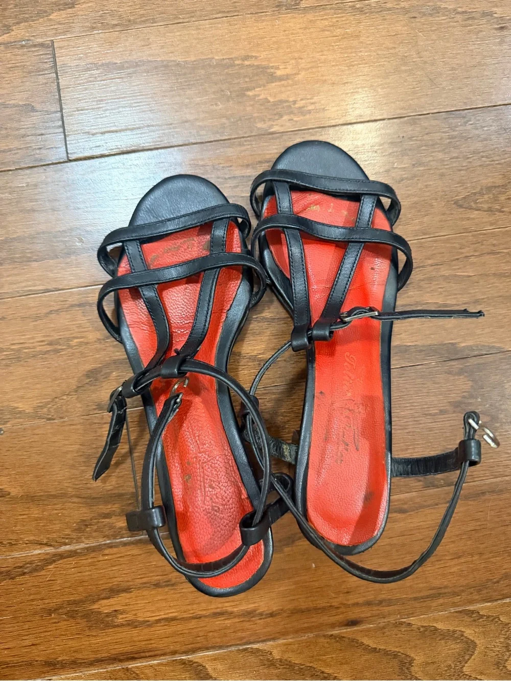 Black Strappy Heeled Sandals with Red Insole